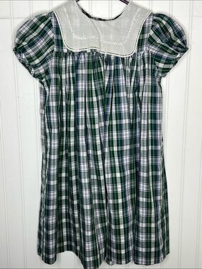 Girls' Green Plaid Dress with Embroidered White Yoke 6T
